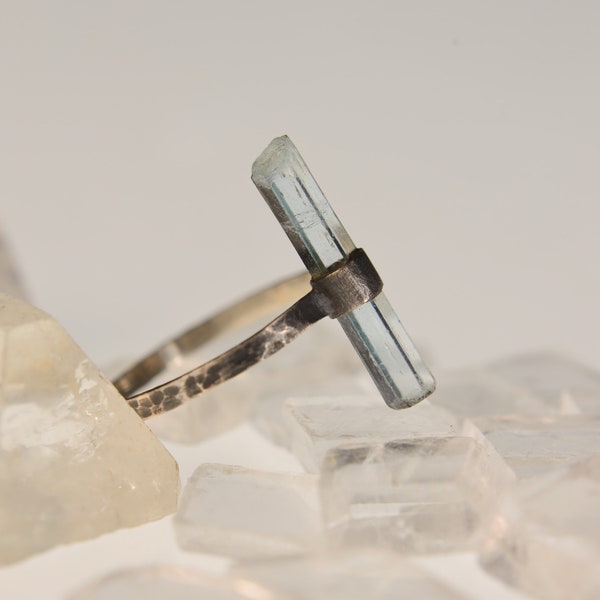 Himalayan Whisper: Textured & Oxidised Sterling Silver Ring with Raw Natural Himalayan Aquamarine - Size 8 1/4 US - NO/03