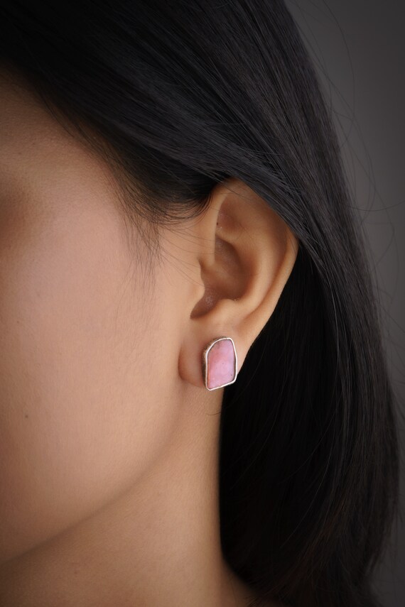 Gem Rhodochrosite Stud Textured Finish organic shaped Pair Sterling Silver Freeform Earring Studs