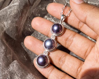 Triple Black Pearl Pendant Sterling Silver 925 Minimalist Drop Necklace Ocean Talisman Elegant Jewelry Gift