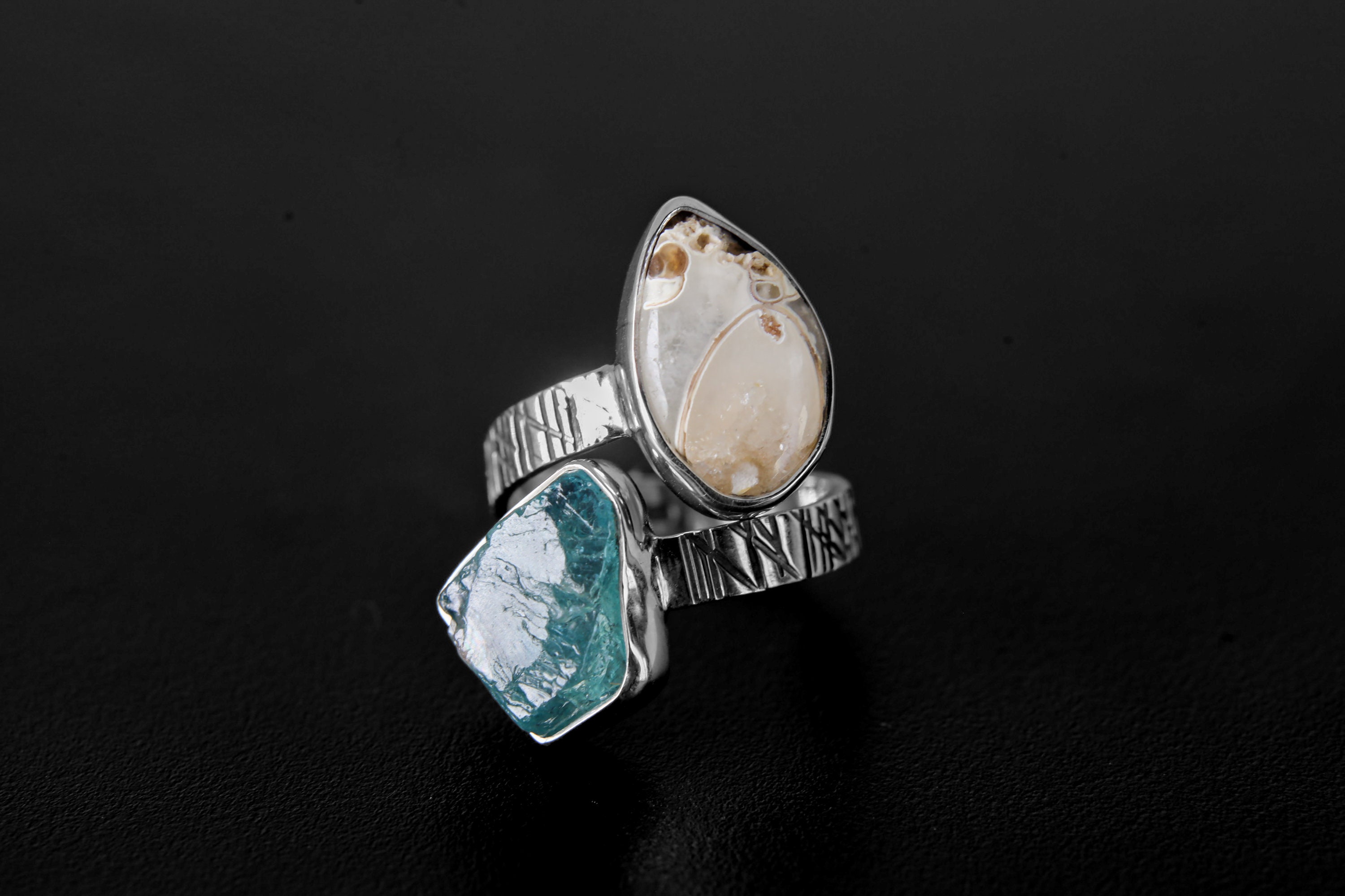 Blue Apatite Drusy Fossil Shell Ring 925 Sterling Silver 