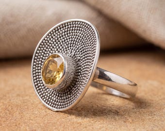 Adjustable Citrine Ring 925 Sterling Silver Solar Disc Statement Ring Faceted Gemstone Solar Plexus Chakra Jewelry Gift