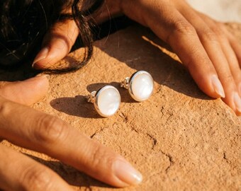 Round Mother of Pearl Earrings 925 Silver Shell Studs High Shine Bezel Set Ocean Lunar Jewelry Handmade Gift