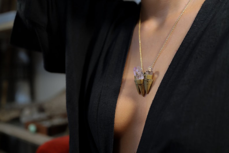 925 Sterling Silver Set Pendant Neckpiece No1 Spinosaurus Dino Tooth Gold plated Brass Cast Rare Vera Cruz Amethyst inclusion Quartz