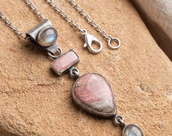 Moonstone Labradorite Rhodochrosite Pendant 925 Silver Oxidized Crystal Charm Heart Third Eye Chakra Gift