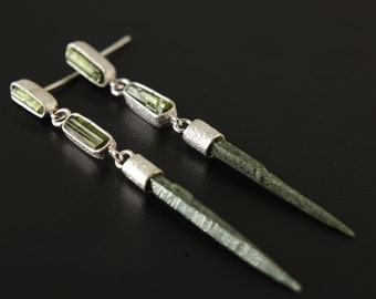 Lux Sand Textured Sterling Silver Dangle Stud Earrings Featuring 2 Gem Green Tourmaline and a Rare Green Chlorite Laser Quartz Spikes