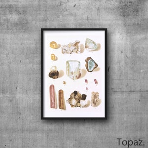 Topaz Crystal Mineral High Resolution Digital Image 300 DPI Vintage Antique watercolour Illustration Print Poster, Wall Art image 1