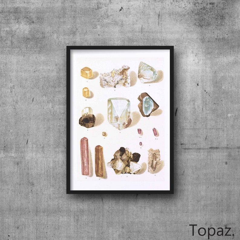 Topaz Crystal Mineral High Resolution Digital Image 300 DPI Vintage Antique watercolour Illustration Print Poster, Wall Art image 1