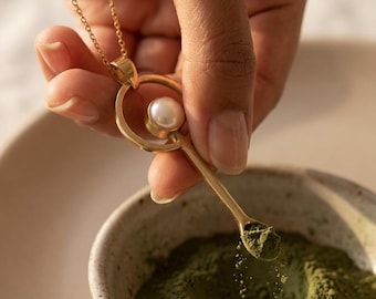 One iridescent South Sea Pearl  - Gold plated Cast Brass  Spice Spoon Pendant Necklace