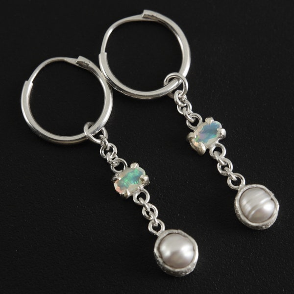 Hoop Earrings with Claw Set Faceted Ethiopian Opal & Pearl in Organic Textured Bezel, Sterling Silver Dangling Earrings, Joy and Creativity