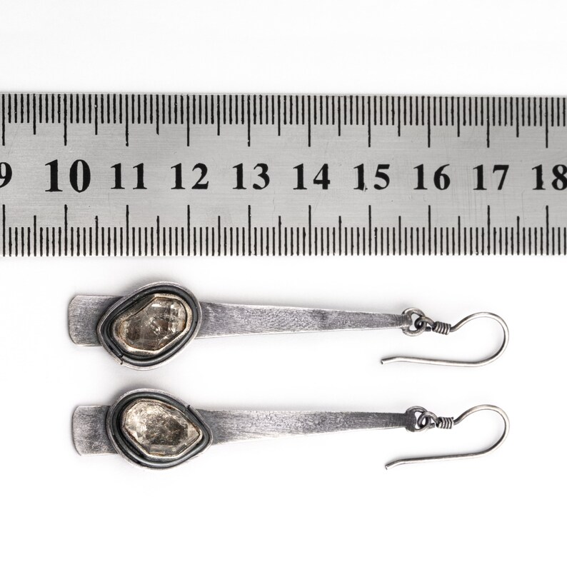 Triangle Herkimer Diamond 925 Sterling Silver Long Brushed and Oxidised Dangle Earring