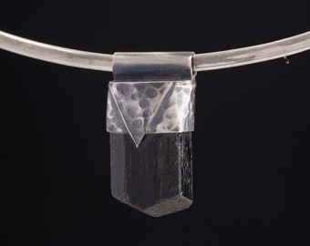 Himalayan Black Tourmaline Pendant: Textured Sterling Silver Crystal Necklace