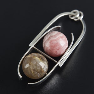 Rhodochrosite Golden Rutile Quartz Pendant 925 Silver High Shine Necklace Heart Solar Plexus Chakra Gift