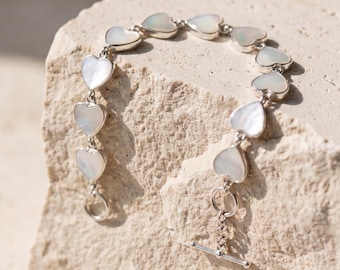 Sterling Silver Bracelets Mother of Pearl Heart Love Link Jewelry High Polish Romantic Gift Heart Chakra Bracelet