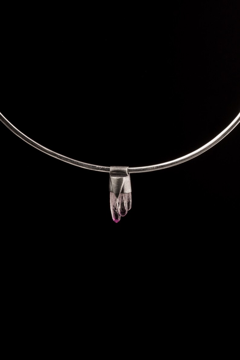 925 sterling silver Stack Pendant textured /& oxidised Crystal Necklace Vera Cruz Amethyst Twin Quartz Point