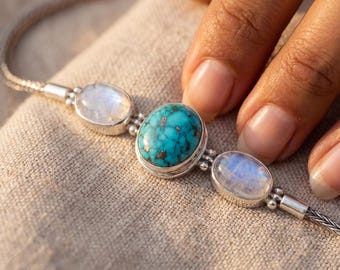 Turquoise Moonstone Silver Bracelet, Snake Chain Bracelet, 925 Sterling Silver, Oval Turquoise Center, Moonstone Bracelet, Healing Jewelry