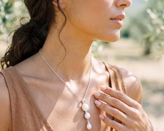 Pearl Pendant 925 Sterling Silver Three Stone Cascade Necklace Charm Crown Heart Chakra Cancer Pisces Gift