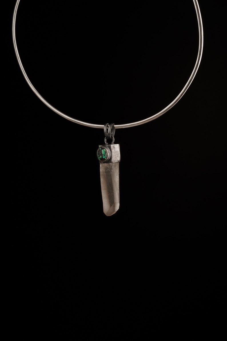 Oxidised textured sterling Silver Light Smokey Lemurian specialty Quartz point /& Old cut Turquoise Big Crystal Necklace Pendant 7