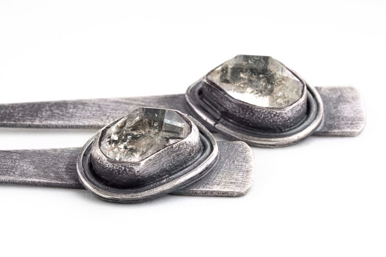 Triangle Herkimer Diamond 925 Sterling Silver Long Brushed and Oxidised Dangle Earring