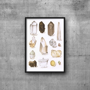 Afdrukpakket: kwartskristal hoge resolutie digitaal 300 dpi afbeelding, poster, kunst antiek mineraal aquarel illustratie en briefkaartformaat
