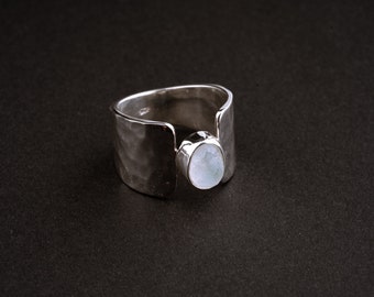 Rough Polished Blue Moonstone Ring - size 5 - 10 US - 925 Sterling Silver - Hammerd  High shine finish