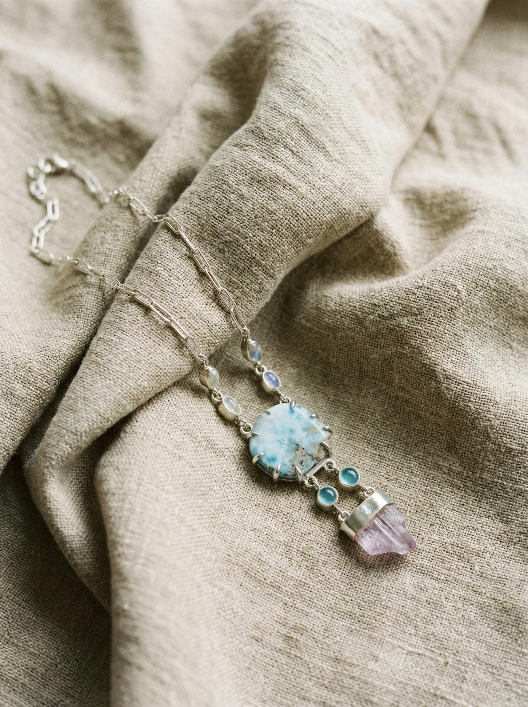 AAA Larimar Pink Kunzite Necklace 925 Sterling Silver Aquamarine