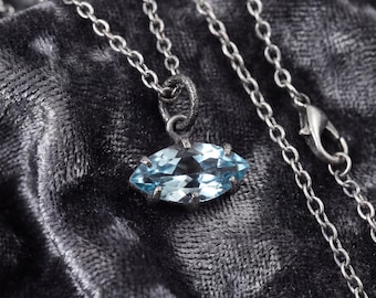 Claw Set Blue Topaz Eye Pendant 925 Sterling Silver Marquise Faceted Necklace Oxidized  Sand Texture Throat Chakra December Birthstone Gift