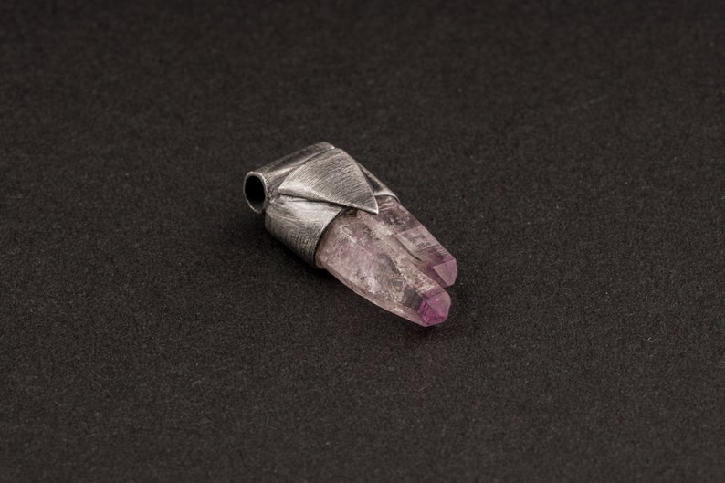925 sterling silver Stack Pendant textured /& oxidised Crystal Necklace Vera Cruz Amethyst Twin Quartz Point