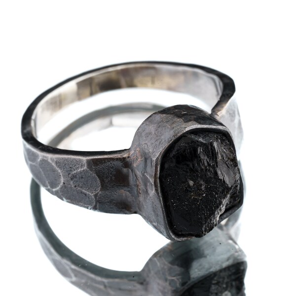 Raw n Rough Australian Tourmaline - Unisex / Men - Large Crystal Ring - Size 11 US - 925 Sterling Silver - Hammer Textured & Oxidised