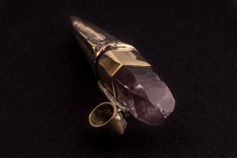 925 Sterling Silver Set Pendant Neckpiece No1 Spinosaurus Dino Tooth Gold plated Brass Cast Rare Vera Cruz Amethyst inclusion Quartz