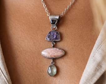 Tanzanite Rhodochrosite Aquamarine Pendant 925 Silver Oxidized Crystal Necklace Throat Heart Chakra Gift