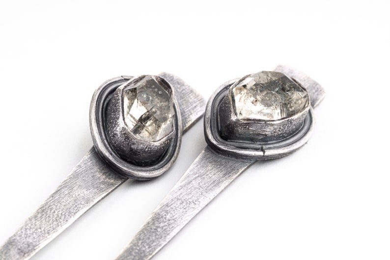 Triangle Herkimer Diamond 925 Sterling Silver Long Brushed and Oxidised Dangle Earring