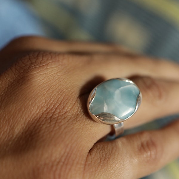 A Tribute to Oceanic Splendor:  Adjustable Sterling Silver Ring with Oval Larimar - Unisex - Size 5-10 US - NO/03