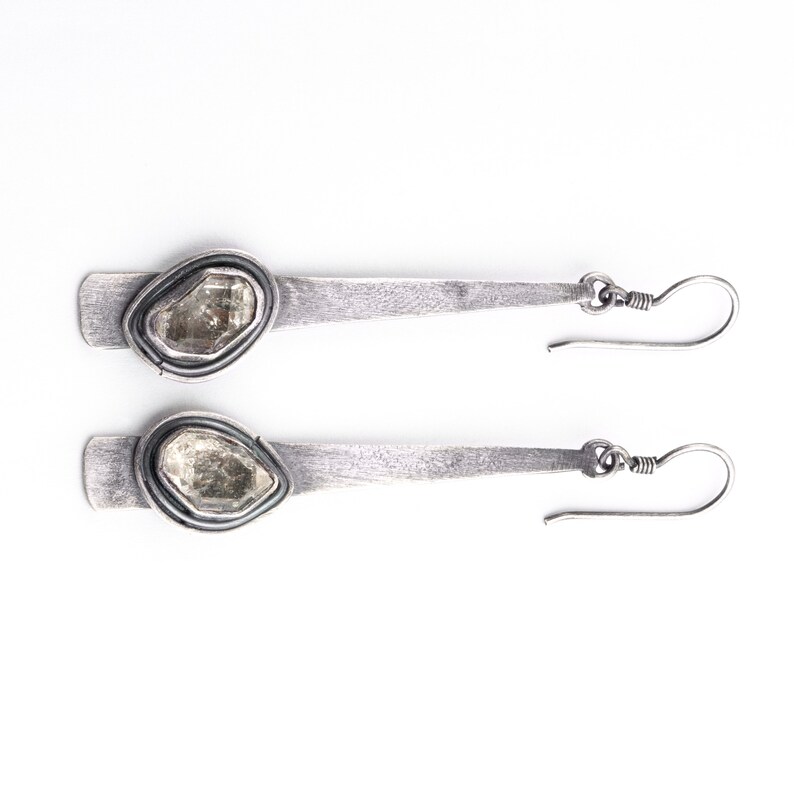 Triangle Herkimer Diamond 925 Sterling Silver Long Brushed and Oxidised Dangle Earring