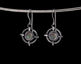 Labradorite Earrings 925 Sterling Silver Hammered Circle Cross Dangles Bezel Set Third Eye Chakra Heirloom Jewelry