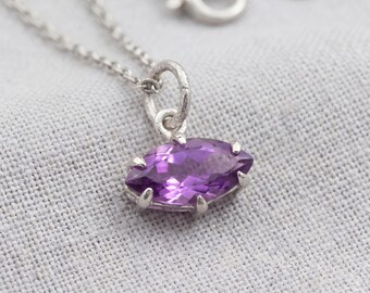 Amethyst Eye Pendant 925 Sterling Silver Claw Set High Shine Marquise Necklace Crown Third Eye Chakra Pisces Gift