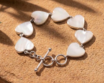 Mother of Pearl Heart Bracelet 925 Silver Love Link Bracelet High Shine Polish Toggle Clasp Romantic Jewelry Gift Heart Chakra