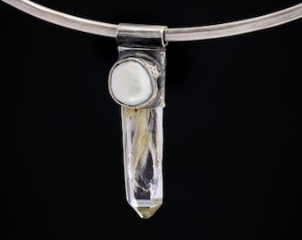 Nepali Quartz & South Sea Pearl Pendant: Oxidized Sterling Silver
