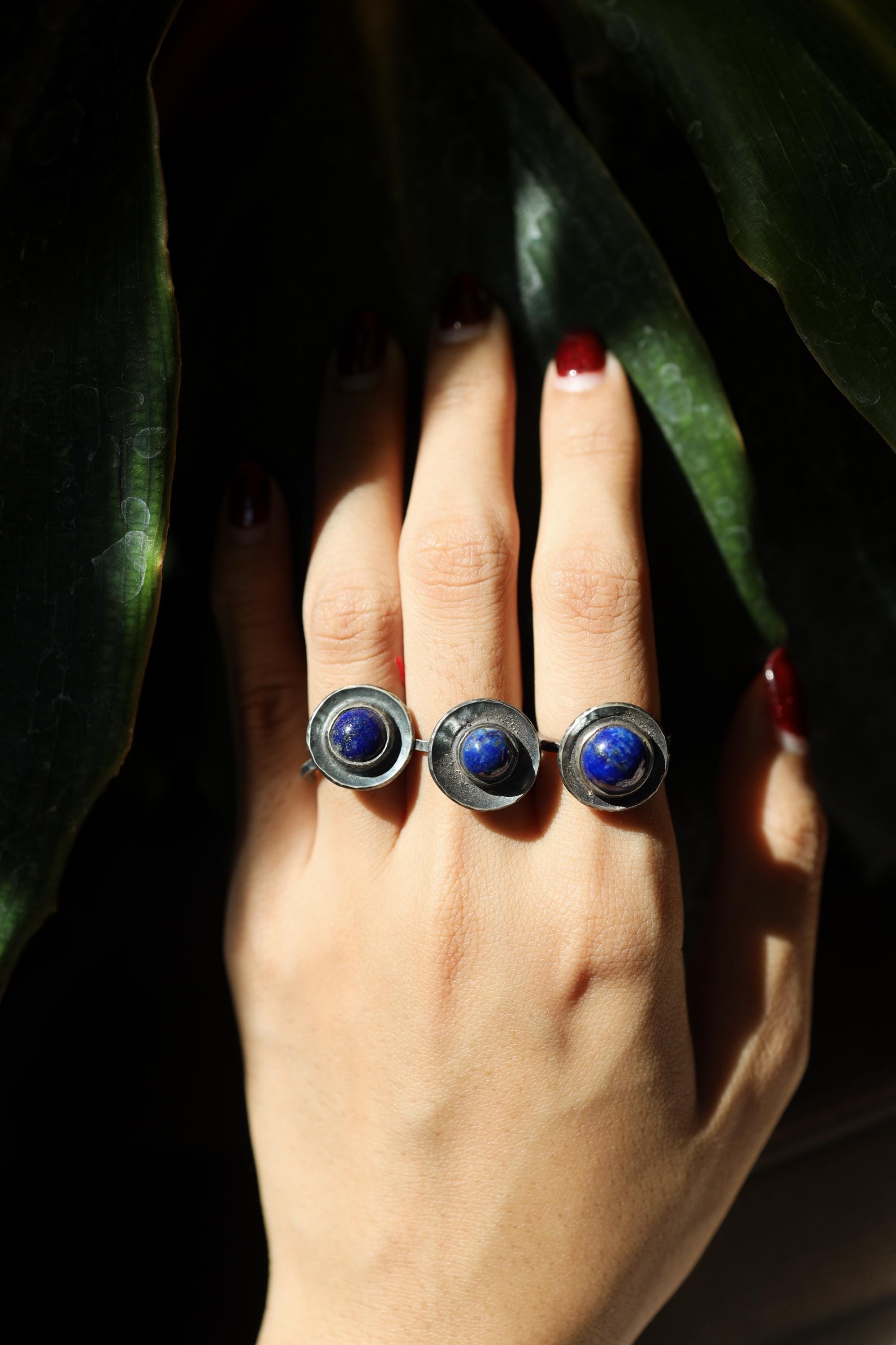 Lapis Lazuli Dome Ring 925 Silver Rustic Textured Band Brazilian 