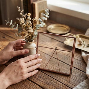 Copper Glass Photo Frame, Handmade Square Picture Frame, Small Tabletop Display, Pressed Flower Keepsake Gift