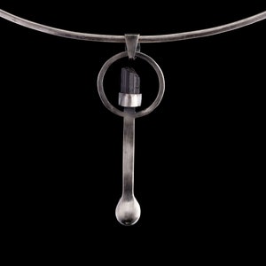 Black Tourmaline - Small Spice / Ceremonial Spoon - Solid 925 Cast Silver - Oxidised Brush Textured - Crystal Pendant Necklace
