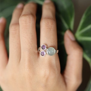 Amethyst & Aquamarine Harmony - Hammer Textured and Polished - Sterling Silver Adjustable Open Ring - Size 5-9 US