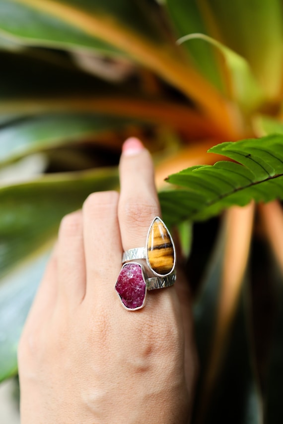 Double Stone Ring Tiger Eye Ruby Ring 925 Sterling Silver
