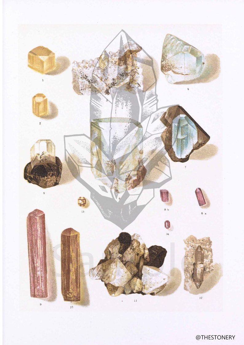 Topaz Crystal Mineral High Resolution Digital Image 300 DPI Vintage Antique watercolour Illustration Print Poster, Wall Art image 2