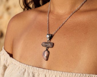 Moonstone Raw Ruby Rhodochrosite Pendant, Oxidized Sterling Silver, Brushed Dangle Charm, Heart Root Chakra, Cancer Leo