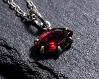 Garnet Marquise Pendant 925 Sterling Silver Sand Textured Oxidized Claw Necklace Root Chakra January Birthstone Gift