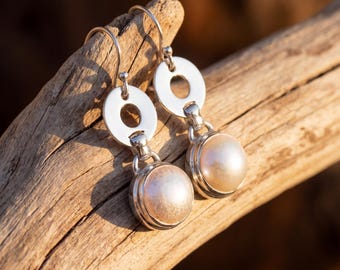 Pearl Drop Earrings 925 Sterling Silver Round Pearl Dangle Earrings High Shine Circle Link Bridal Lunar Jewelry Gift