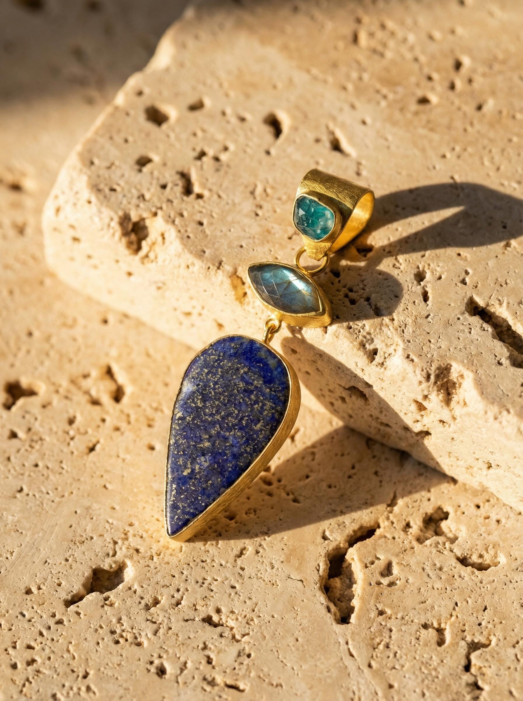Lapis Lazuli Apatite Labradorite Pendant 925 Silver Gold Plated 