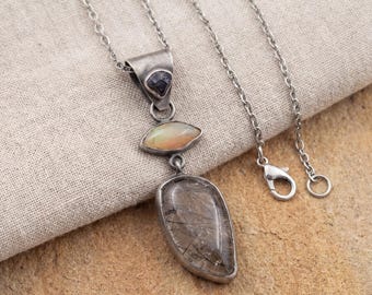 Ethiopian Opal Sapphire Black Rutile Quartz Pendant, Oxidized Sterling Silver Eye Charm, Brush Texture, Aged Look Talisman