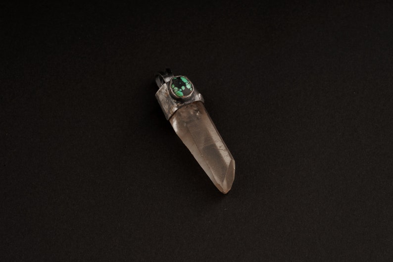 Oxidised textured sterling Silver Light Smokey Lemurian specialty Quartz point /& Old cut Turquoise Big Crystal Necklace Pendant 7