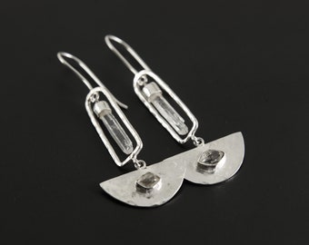 Aquatic Brilliance: Aquamarine and Herkimer Diamond - Shiny & Hammer Texture - 925 Sterling Silver - Earrings